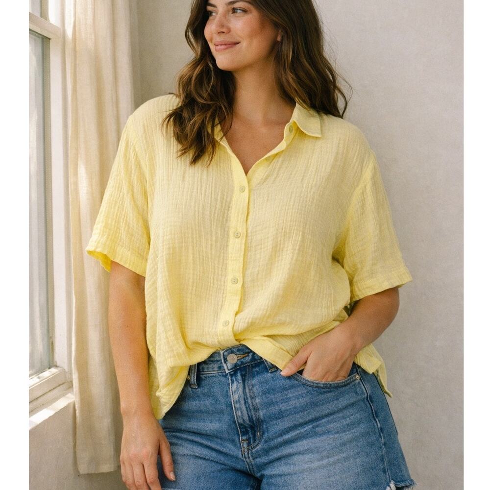 Eileen Fisher Butter Mom Gauzy Organic Cotton Button Up Crop Shirt Yellow S NWT